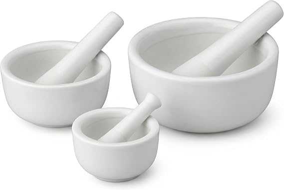 HIC Kitchen Mortar and Pestle Set, Fine Porcelain, Set of 3 Sizes, Spice Herb Grinder, Pill Crusher, Nut Butter Maker