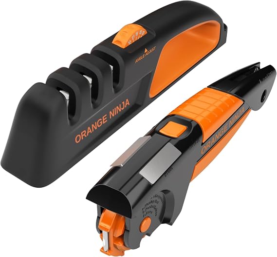 Orange Ninja Ultimate Sharpening Bundle 5-Angle Adjustable Kitchen Knife Sharpener & All-in-1 Garden Tool Sharpener for Lawn Mower Blades, Scissors, Axes, Pruners, and More