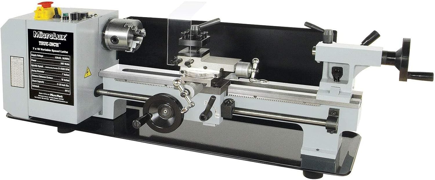MicroLux® 7x16 Mini Metal Lathe – True Inch Precision, Variable Speed 0–2500 RPM, 4 3-Jaw Chuck, Benchtop Lathe for Metal Turning, Drilling & Threading