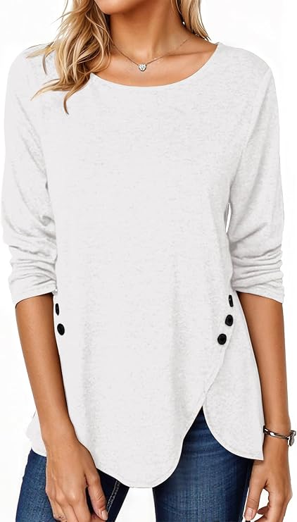 Fisoew Womens Casual Long Sleeve Tunic Tops Round Neck Shirt Button Side Basic Tees Wearring with Leggings