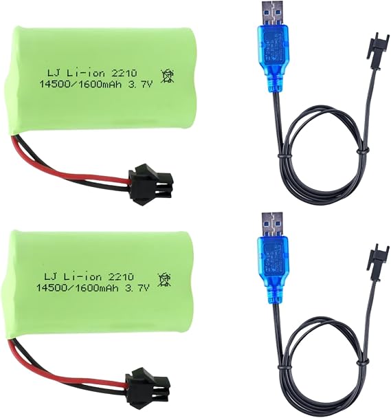 3.7V 1600mAh SM-2Pプラグ リチウムイオン充電式バッテリー 2個セット 3.7V USB充電ケーブル リモコントラック用