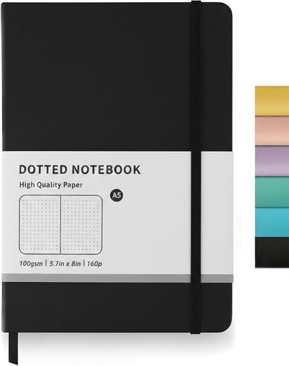 Bullet Dotted Journal Notebook, 160 Pages, A5 Medium Size (14.2 x 20.3cm), Leather Hardcover, 100 GSM Thick Paper for Bullet Journaling, Planning, Tracking (Black)