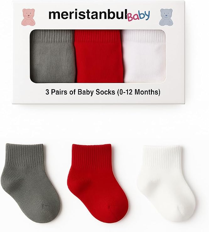 Baby – Erkek ve Kız Bebekler İçin 3’lü Pamuklu Çorap Seti, Kutulu | Kırmızı, Gri, Beyaz (0–12 Ay)