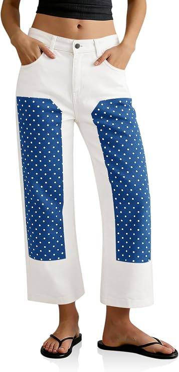 Tankaneo Womens Cropped Jeans Casual High Waisted Patchwork Pants