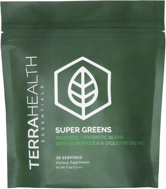 Terra Health Essentials Super Greens | Organic Superfood Greens Powder | Gluten-Free Gut-Friendly Probiotics | 30 Servings