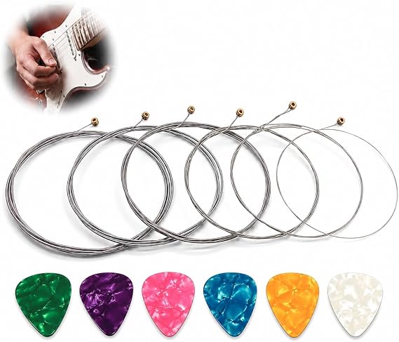 6 Pcs Electric Guitar Strings, Super Slinky Guitar Strings 9-42 with 6 Guitar Pick, Nickel Wound Steel Ball Guitar Strings Replacement for Electric Acoustic Guitar Performers Beginners