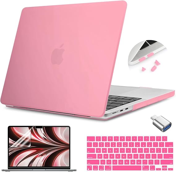 Teryeefi M3 M2 Çip MacBook Air 13.6 İnç Kılıf A3113 A2681 Model 2022 2023 2024, Sert Kabuk Kılıf ve Klavye Kapağı ve USB 3 Adaptör, Buzlu Pembe