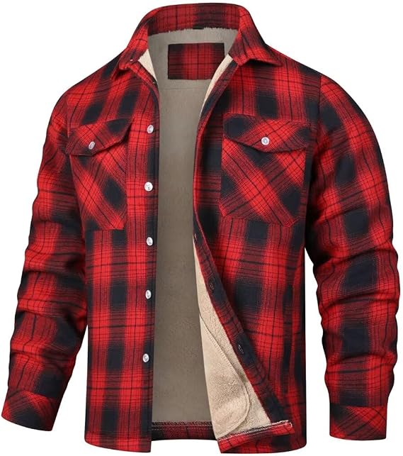 INVACHI Men's Flannel Jacket Plaid Sherpa Lined Flannel Shirt Snap Button Warm Winter Jackets Pockets