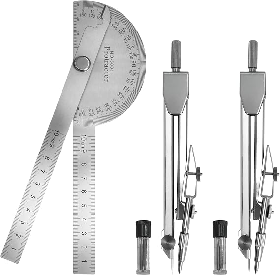 Protractor and Compass Set, Stainless Steel Angle Finder & 2 Compasses