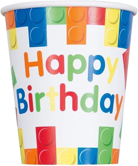UNIQUE INDUSTRIES,IN Vibrant Building Blocks Birthday Paper Cups - 9 oz. (Pack of 8) - Sturdy & Eco-Friendly Party Supplies - Perfect for LEGO-Themed Celebrations