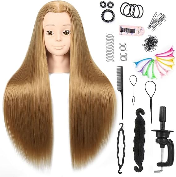 Amethyst 26"-28" Mannequin Head Styling Mannequin Head for Hair Styling and Free Table Stand Training Head Manikin Cosmetology Doll Head with Long Fiber Hair Hairdresser Practice Head for Stylist