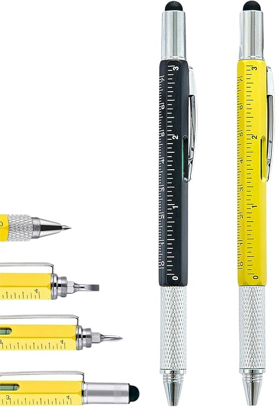 6 in 1 Multi Tool Pen, 2 Pcs, Aluminium, Black and Yellow
