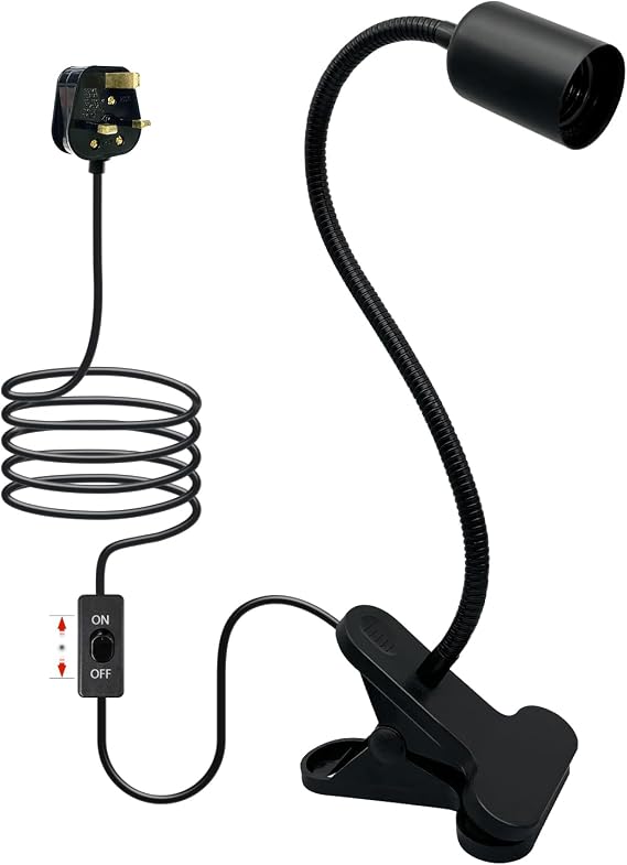 Clip on Light Bulb Holder with 240CM Cable, 10MM Thick Adjustable Gooseneck, E27 Lamp Holder with Switch, Clip on Lamp for Bed, Flexible Clamp Lamp, Clip Light for Desk Reading, Black [Energy Class F]
