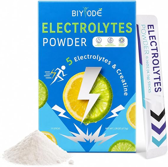 Electrolytes Powder Packets, Lemon Lime Hydration Drink Mix with 5 Electrolytes, Creatine, Magnesium L-Threonate, Potassium Citrate & Zinc, 15 Stick Packs