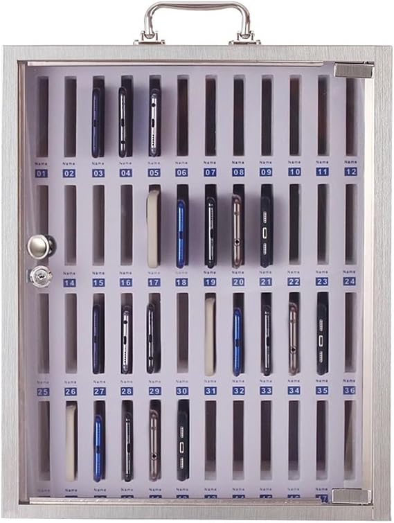 48 Slots Wall-Mounted Cell Phone Cabinet Stainless Steel Storage Cabinet With Portable Handle Key Lock & Handwritten Tags For Classroom Office Gym