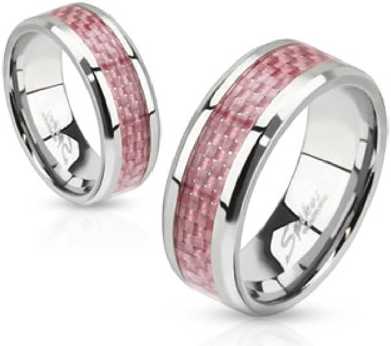 Spikes Pink Carbon Fiber Inlay Band Ring Stainless Steel