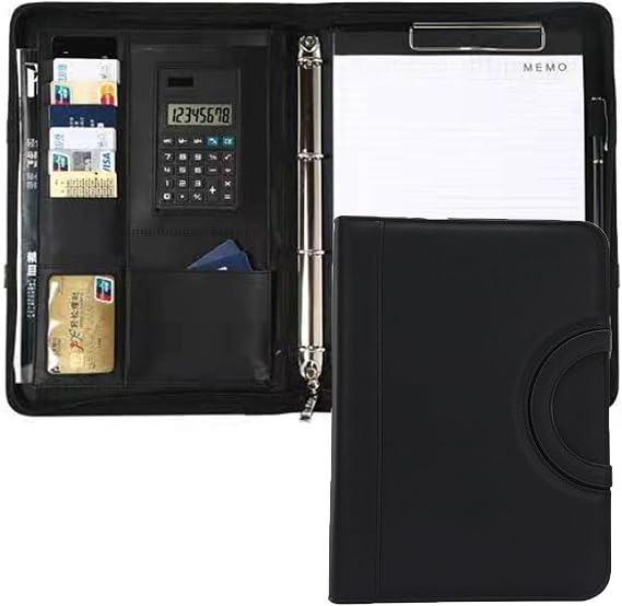 A4 Conference Folder for Paperwork Leather Clipboard Folder 4-Ring Document Folder Multi-Pocket Travel Document Holder Portfolio Folder Work Writing Pad Folder Padfolio Business Portfolio Case