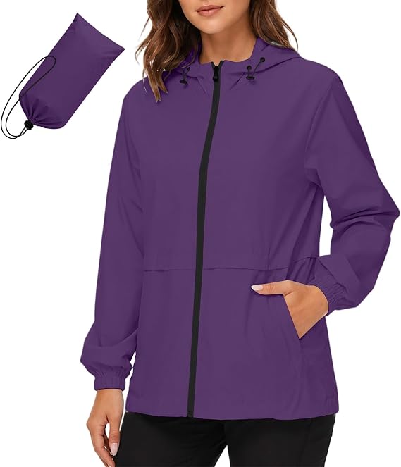 Packable Rain Jacket Women Waterproof Raincoat Lightweight Zip Up Windbreaker with Hood Outdoor Hiking Travel Jackets