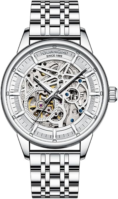 GUANQIN Vintage Men Skeleton Automatic Self-Wind Mechanical Wrist Watch Sapphire Business Double-Sided Hollow Waterproof Luminous Clock Leather or Stainless Steel Strap Wristwatch