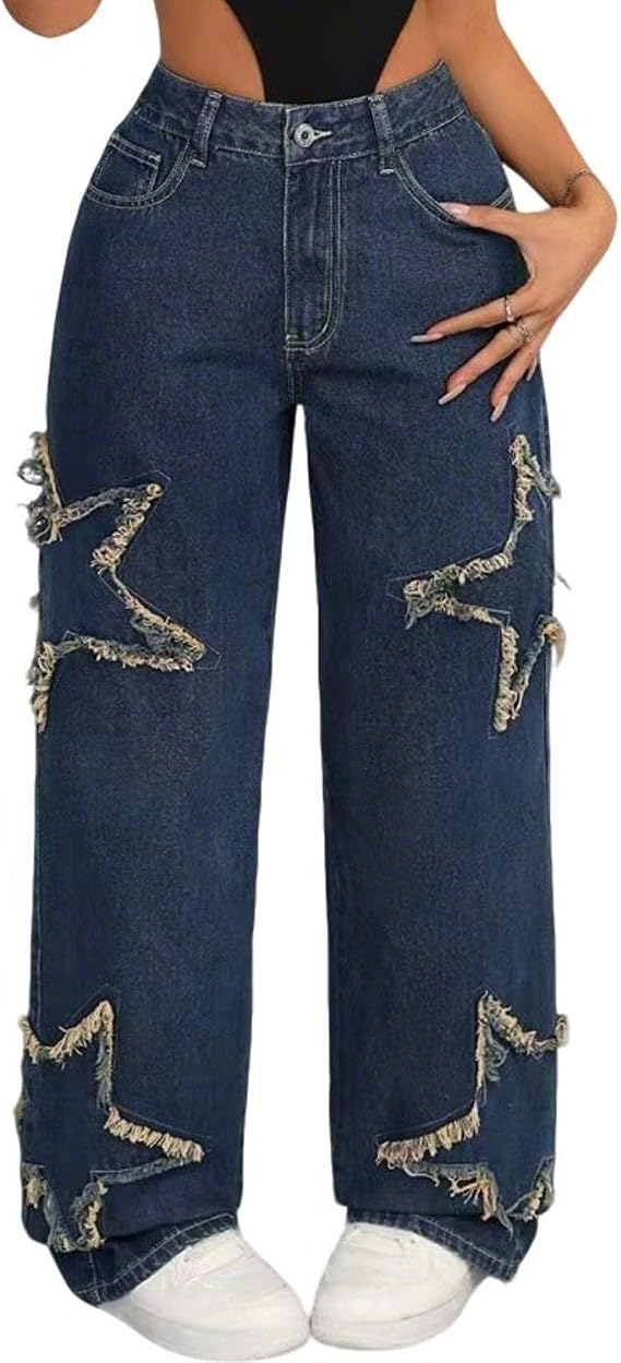 Women's Baggy Jeans Trendy Patchwork Raw Denim Star Straight Leg Vintage Distressed High Waist Y2K Denim Pants