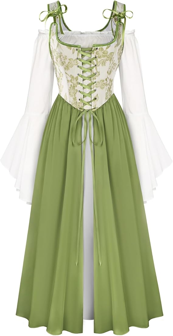 Scarlet Darkness Women Renaissance Costume Floral Lace Up Bell Sleeve Peasant Medieval Fairy Dress