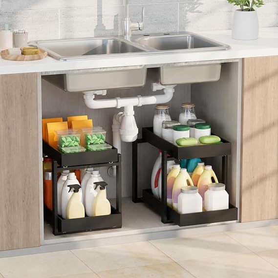 APRTAT 2 Pack Bamboo Under Sink Organizer, 2-Tier Pull Out Storage Drawers