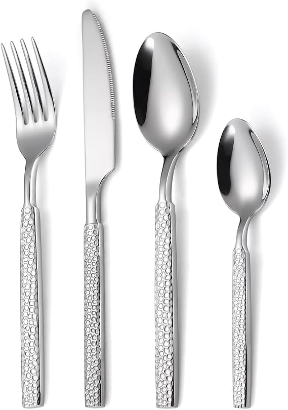 Hogar Cutlery Set, Thick Hammered Stainless Steel Tableware, Knife, Fork and Spoon for Home Use, 4/16/24/32/40/48 Pieces, Cutlery (Silver, 12 Set-48 Pieces)