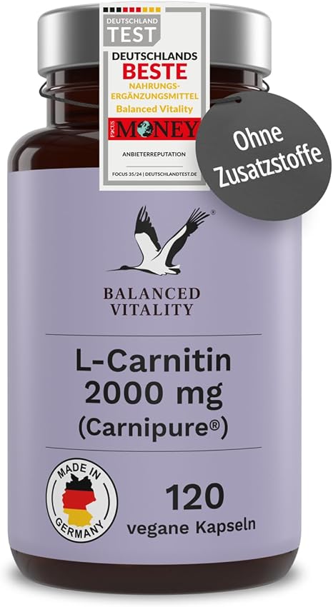 L-Carnitine High Dose – 2000 mg – Premium: Carnipure by Lonza – 120 Vegan Capsules – Laboratory Tested – No Additives Balanced Vitality