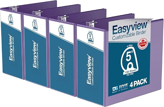 Easyview 3-Ring Binder, Clear-View Cover, 5" D Rings, Purple, 4 Pack