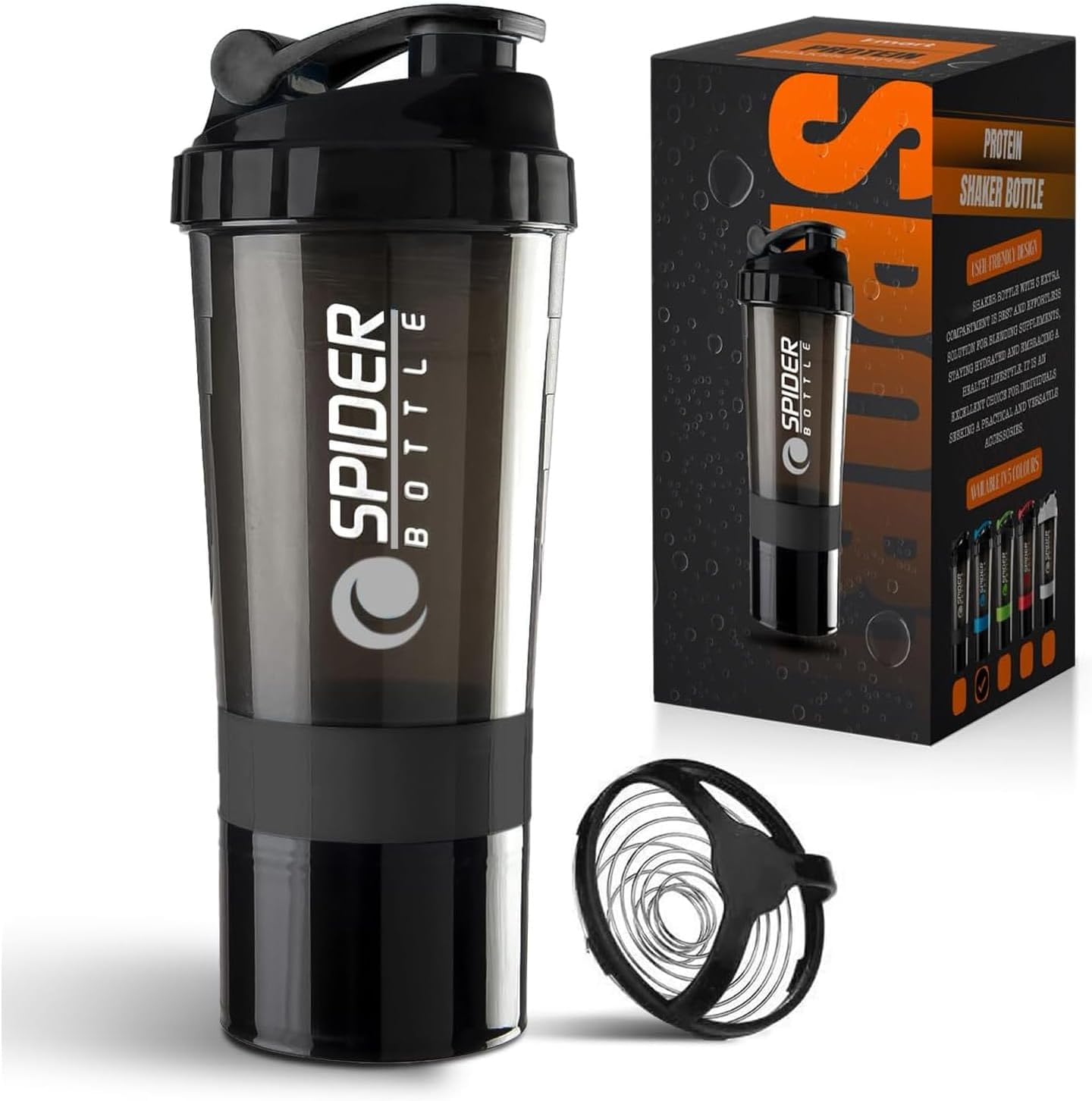 Roe Tenpo Protein Shaker Bottle 500ml with Extra Compartment | BPA-Free Protein Bottle Shaker for Protein Shakes | Leak Proof & Dishwasher Safe | Protein Shake Gym Bottles for Men & Women Black