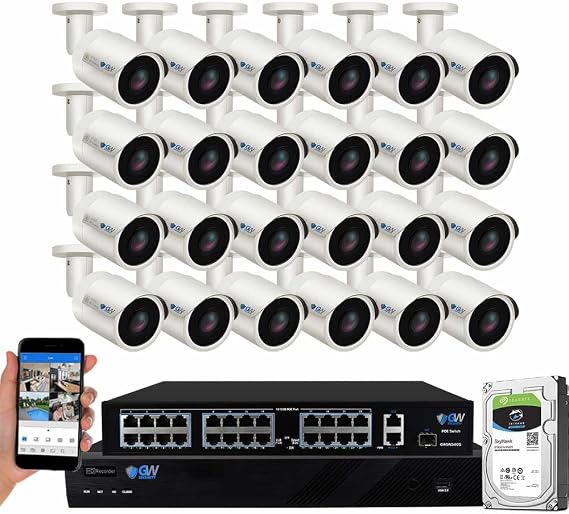 GW Security 32 Channel 4K NVR 8MP AI Human & Vehicle Detection Security Camera System with 24 UHD 4K 2160P Microphone PoE Outdoor/Indoor Waterproof IP Security Bullet Cameras (White)