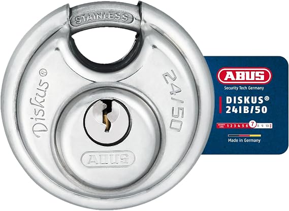 ABUS Diskus padlock 24IB/50 made of stainless steel – with 360° all-round protection – for securing against severe weather conditions – 20318 – ABUS security level 7 – silver