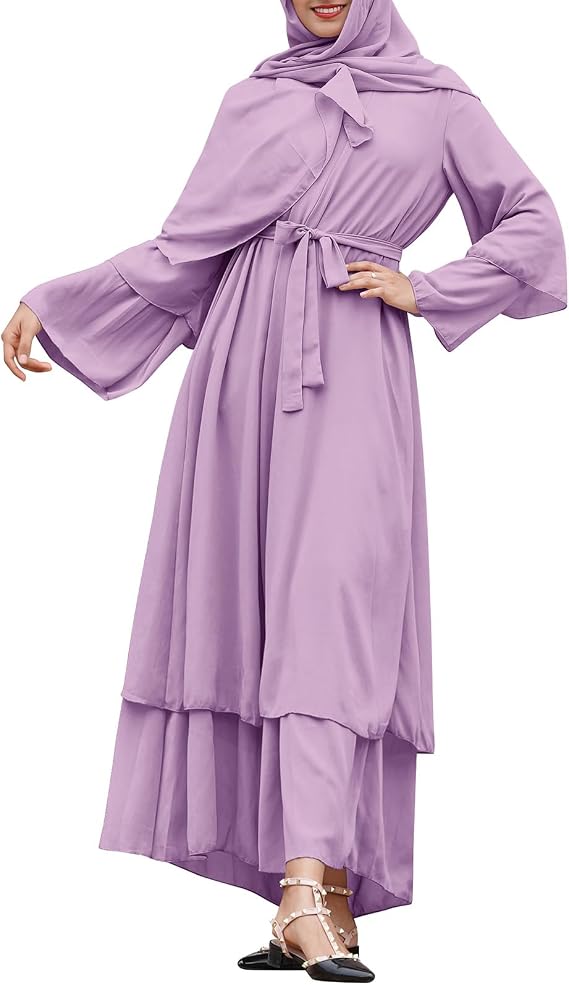 IMEKIS Women Muslim Abaya Chiffon Long Sleeve Maxi Dress Loose Full Cover East Arabian Robe Dubai Islamic Prayer Clothes