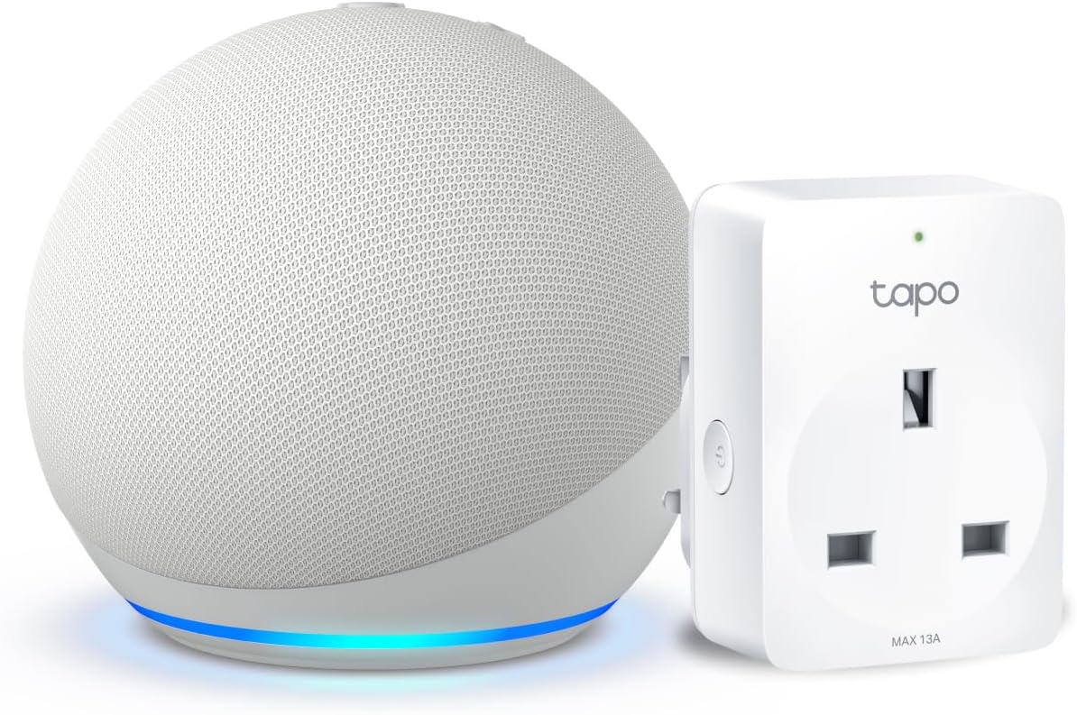 Echo Dot (5th generation) | Glacier White + TP-Link Tapo P110M Smart Plug with Energy Monitoring, Works with Alexa - Smart Home Starter Kit, with Alexa+ Early Access