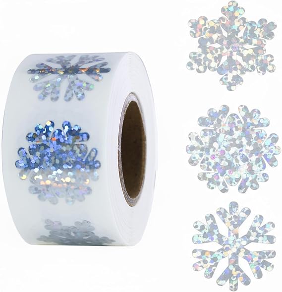 Holographic Snowflake Winter Stickers Roll 500 Pcs Waterproof Self Adhesive PET Seal Labels for Envelopes Journals Windows Scrapbooks Gift Packaging Party Favors 3 Designs Silver