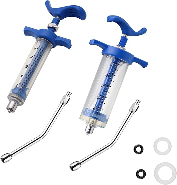 2Pcs Reusable Goats Syringe, 2 Drench Nozzle Adjustable Dosage Drench Gun Syringe for Bird, Cattle, Sheep, Goats, Horse, Pig, Dog Supplies (S+M-10ML+50ML)