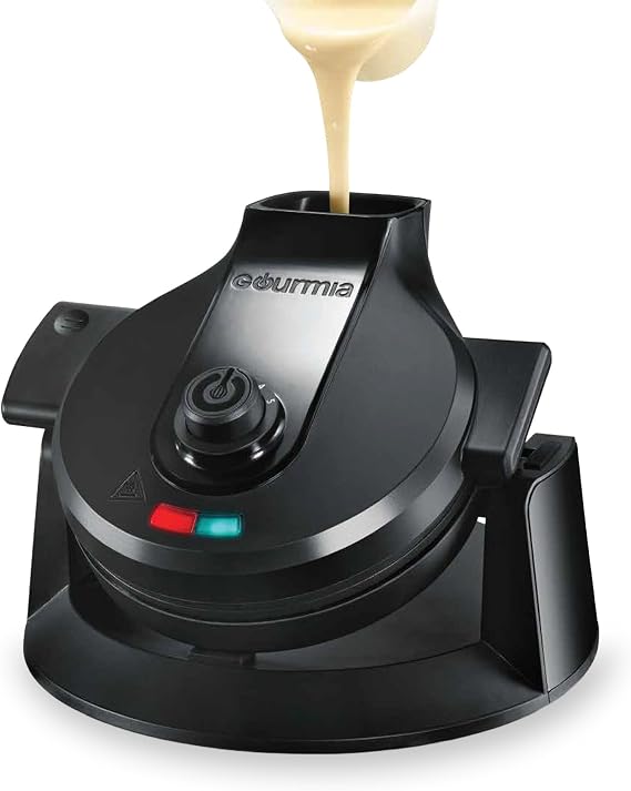 Gourmia Dual Pour Waffle Maker - Belgian Waffle Maker with Mess Free Spout, NonStick Plates, Cool Touch Handle, Compact Upright Storage, Safety Latch, Black