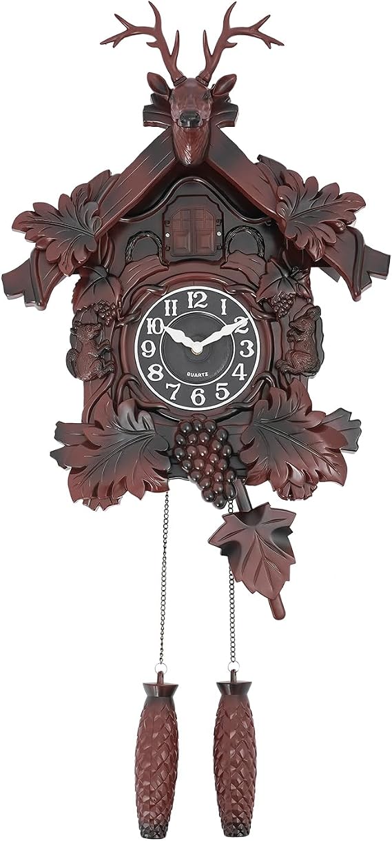 Cuckoo Vintage Wooden Wall Clock with Deer Head, Retro Traditional Chalet and Black Forest Style, Pendulum and Chiming Clock for Home, Living Room, Cafe, Flower Shop (Red)