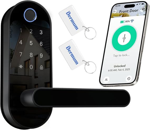 Keyless Entry Fingerprint Digital Smart Lock with Handle & Keypad: Electronic/Electric Lock with Code, App Control Biometric Deadbolt Door Knob for Front, Interior, Exterior & Bedroom Door (Black)