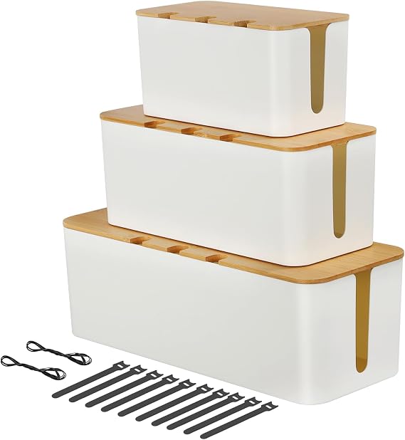 Cable tidy box, Cable management box, 3 Cable Storage Box with Bamboo Lid for Hiding Messy Cables Storage Organising Management Desk TV Computer USB Hub Strips Cords, Wire Management, White