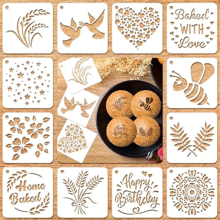 Patelai 12 Pcs Stencil for Bread Artisan Bread Stencils Baking Mold Set Cook Baking Template, Cake, Pie, or Cookie Template Mold for Decorating, 12 Style3 x 3 Inch