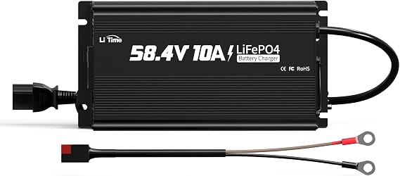 LiTime 48V(58.4V) 10A Lithium Battery Charger, 0V Activation & Smart 3-Stage AC-DC Charger for 51.2V Battery, AC-DC Deep Cycle Battery Charger for Golf Cart, Home, and Off-Grid
