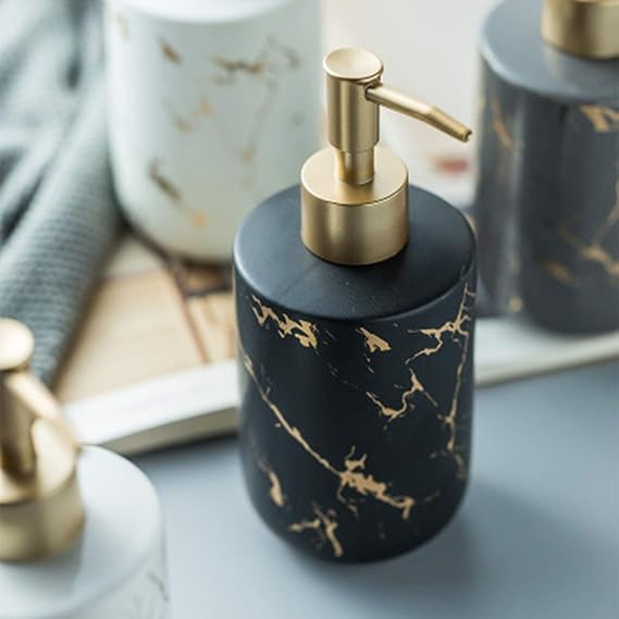 Gold Soap Dispenser, Dish Soap Dispenser for Kitchen Liquid Soap Pump Dispenser for Shower, Ceramics Refillable Hand Soap Lotion Dispenser, Shampoo Lotions Bottle for Bathroom, 10.5 OZ (Black).