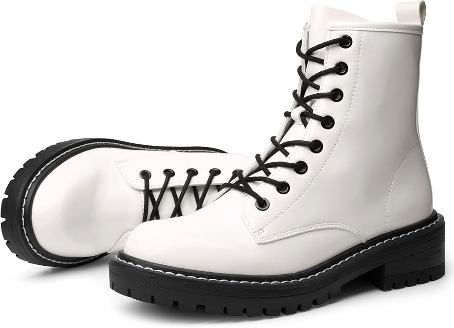 ICHIGO Womens Ankle Booties 8-Eye Side Zipper Lace-up Combat Boots