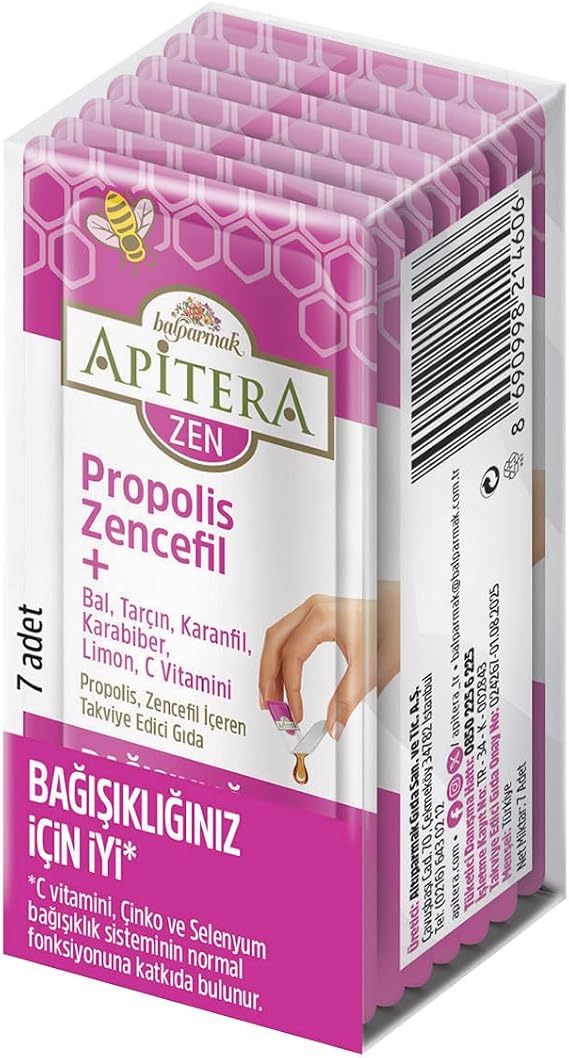 Apitera ZEN Doğal Bal, C Vitamini, Çinko, Selenyum, Zencefil, Tarçın, Karanfil, Karabiber, Limon ve Propolis İçeren Takviye Edici 7’li Saşe