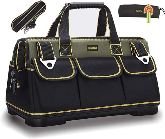 FASTECH 15-inch Wide Mouth Tool Bag with Water Proof Molded Base,Wide Mouth Tool Tote Bag,Waterproof Tool Organizer Bag for Men with Adjustable Shoulder Strap (15 inch)