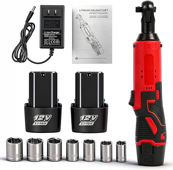 Electric Ratchet Wrench, 3/8" Drive 12V Cordless Ratchet with 7 Sockets | with Charger and 2* 1.3 Ah Batteries for Home Car Repair