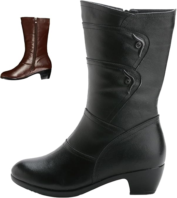 MOYOWEI Women's Leather Low Block Heel Mid Calf Dress Boots