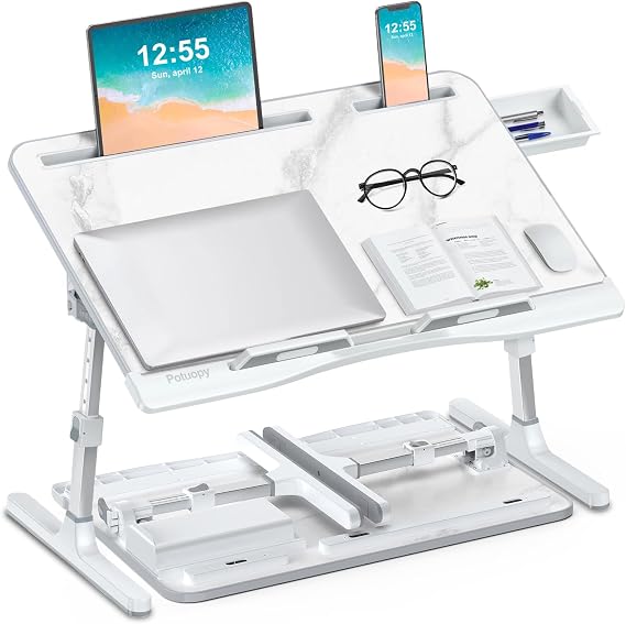 Laptop Stand for Bed, Potuopy Leather Adjustable Height Angle X-Large Bed Desk, Foldable Laptop Bed Table for Working Reading Eating on Bed Sofa Floor (Marble, 60 * 40cm)