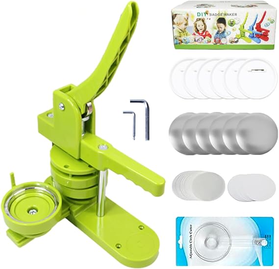 DCBADGE Button Maker Machine Multiple-Sizes, DIY Pin Button Maker Machine Kit with Interchangeable Button-Models&Free Button Parts&Circle Cutter&Wrench Gadget (Green, 75mm)